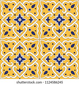 Italian tile pattern vector seamless with yellow ornaments. Portuguese azulejo, mexican talavera, sicily majolica, spanish motif. Tiled background for kitchen mosaic wall or bathroom ceramic floor.