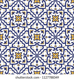 Italian tile pattern vector seamless with vintage ornaments. Portuguese azulejos, mexican talavera, italy sicily majolica motifs. Tiled texture for ceramic kitchen wall or bathroom mosaic floor.