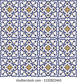 Italian tile pattern vector seamless with vintage flower ornaments. Portuguese azulejos, mexican talavera, italy sicily majolica motifs. Texture for ceramic kitchen wall or bathroom mosaic floor.