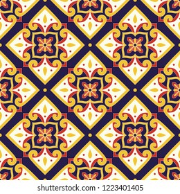 Italian tile pattern vector seamless with flower ornaments. Portuguese azulejos, mexican talavera, italy sicily majolica, spanish ceramic. Mosaic texture for kitchen wallpaper or bathroom floor.