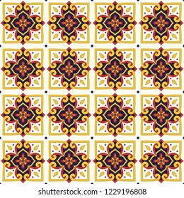 Italian tile pattern vector seamless with old ornaments. Portuguese azulejos, mexican talavera, italy sicily majolica, spanish ceramic. Mosaic background for kitchen wallpaper or bathroom floor.