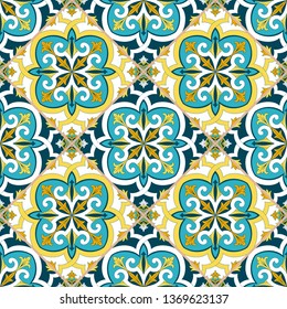 Italian tile pattern vector seamless with flowers ornaments. Portuguese azulejos, mexican talavera, sicily majolica, spanish design. Ceramic texture for kitchen wallpaper or bathroom flooring.