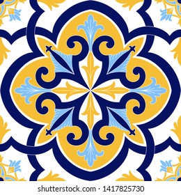 Italian tile pattern vector seamless element with vintage ornament. Portugal azulejos, mexican talavera, sicily majolica or spanish ceramic. Texture for kitchen wall mosaic or bathroom floor.