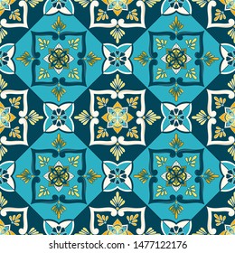 Italian tile pattern vector seamless with floral ceramic motifs. Portuguese azulejos, mexican talavera, spanish, sicily majolica or moroccan ornament. Geometric texture for wall or kitchen floor.