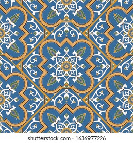 Italian tile pattern vector seamless with vintage parquet arabesque motifs. Portuguese azulejo, mexican talavera, sicily majolica or arabic ceramic. Mosaic texture for kitchen or bathroom floor.