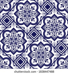 Italian tile pattern vector seamless with parquet ceramic ornament. Portugal azulejo, mexican talavera, delft dutch, sicily or spanish majolica. Vintage background for wallpaper, texture, textile.