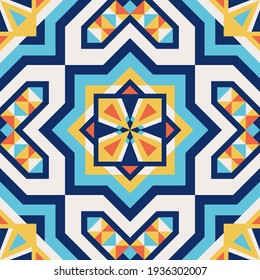 Italian tile pattern vector seamless element with mosaic arabesque ornaments. Mexican talavera, Spanish, portuguese, lisbon azulejo, sicily majolica, moroccan ceramic, mediterranean texture design.