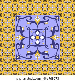 Italian tiles floor. Baroque pattern vector with ceramic print. Big tile in center is framed. Background with portuguese azulejo, mexican talavera, spanish majolica, moroccan, arabic motifs.