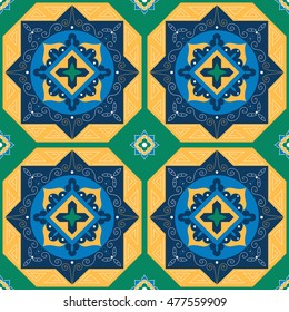 Italian tiles pattern vector from blue, yellow and white ornaments.  Background for wallpaper, surface texture, wrapping or fabric.