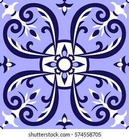 Italian tiles pattern vector with blue and white ornaments. Portuguese azulejo, mexican talavera, delft dutch or spanish motifs. Tiled floor background for ceramic or fabric design.