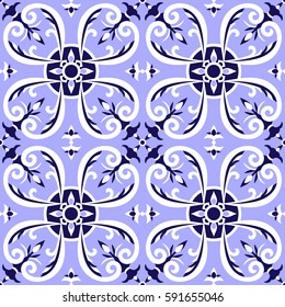 Italian tiles pattern vector with blue and white ornaments. Portugal azulejo, mexican talavera, delft dutch or spanish majolica motifs. Tiled floor background for ceramic or fabric design.