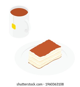 Italian tiramisu dessert and mug of hot tea isolated on white background. Isometric view. Vector