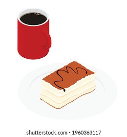 Italian tiramisu dessert with red mup of coffee isolated on white background. Isometric view. Vector