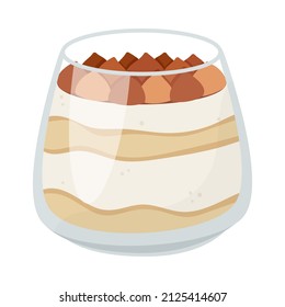 Italian tiramisu in a glass. Sweet dessert with layers of Savoyardi cookies and Mascarpone cheese in a mug. Vector illustration.