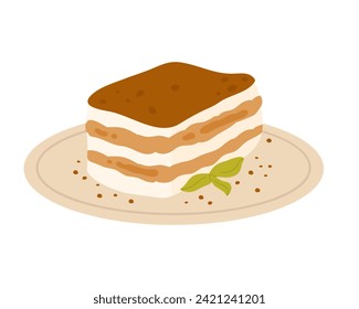 Italian tiramisu on plate. Traditional italian sweet dessert, italian cake cartoon vector illustration