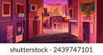 Italian town street at sunset. Vector cartoon illustration of old European city with buildings and cobble road, bicycle near house, laundry ropes under windows decorated with flowers, pink sky