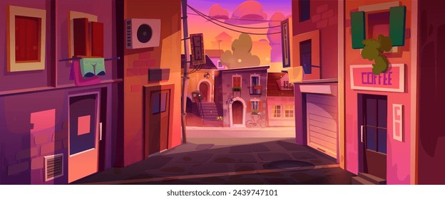 Italian town street at sunset. Vector cartoon illustration of old European city with buildings and cobble road, bicycle near house, laundry ropes under windows decorated with flowers, pink sky