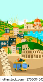 Italian Towns Bus Tours Poster, Tourism, Vacation Vector Illustration Of Italians City Famous Symbols And Landmarks. Rome, Venice And Pisa, Florence Architecture, Culture Sightseeings. Tours To Italy.