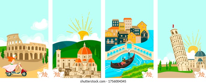 Italian Towns Travel Banners Set, Tourism On Vacation Vector Illustration Of Italians City Famous Landmarks. Rome, Venice And Pisa, Florence Architecture And Culture Sightseeings. Tours To Italy.