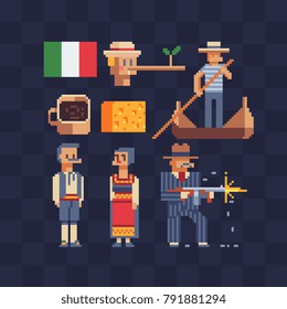 Italian tradition elements. Icons set. 80s style. Pixel art. Theme of Italy. Man and woman characters in national costume. Gangster and gondolier. Stickers design. Isolated vector illustration.
