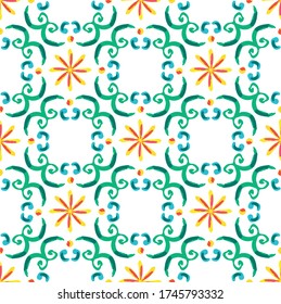 Italian traditional clay tile ornament, hand painted ornament, seamless pattern, vector