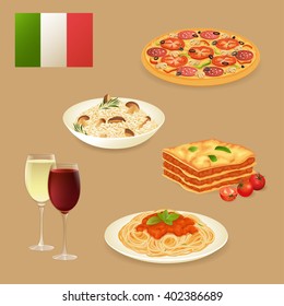 Italian traditional cuisine set. Pizza, risotto, lasagna, pasta spaghetti and wine vector illustration. 