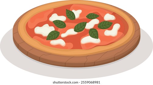 Italian traditional dish pizza margherita on a wooden board. Flat illustration with appetizing national food