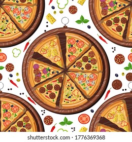 Italian traditional dish served on wooden tray seamless pattern of pizza slices. Dish with vegetables, cheese and salami or pepperoni. Background for pizzahouse or diner. Vector in flat style