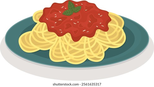 Italian traditional dish Spaghetti Bolognese on the plate. Appetizing illustration with tasty national food	
