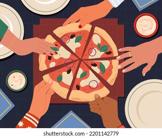 comida rápida tradicional italiana. Un grupo de colegas o amigos hambrientos toman un descanso y comen una deliciosa pizza en el café. Las manos masculinas y femeninas toman rebanadas triangulares de pizza. Dibujo vectorial plano de dibujos animados