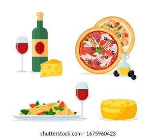 Italian traditional food and mill color cartoon flat vector illustration set
