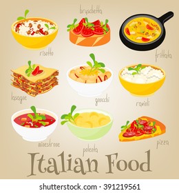 Italian Traditional Food Set. Italian Cuisine. Food Collection. Vector Illustration.