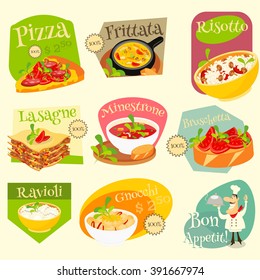 Italian Traditional Food Set. Italian Cuisine. Food Collection. Italian Food Labels Set. Vector Illustration.