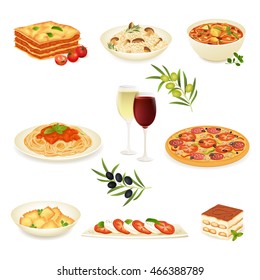 Italian traditional food set isolated on white background. Lasagna, risotto, minestrone soup, spaghetti bolognese, red and white wine, pizza, ravioli, caprese salad, tiramisu cake and olive branches.