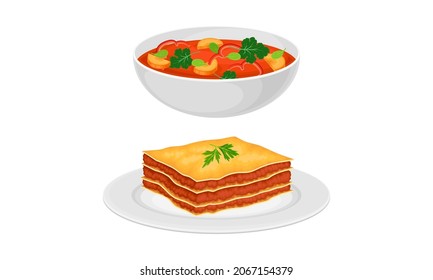 Italian traditional food set. Lasagna and minestrone tasty dishes vector illustration