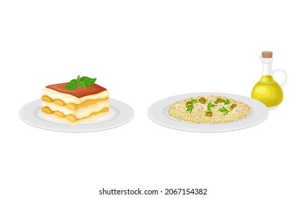 Italian traditional food set. Risotto and tiramisu tasty dishes vector illustration