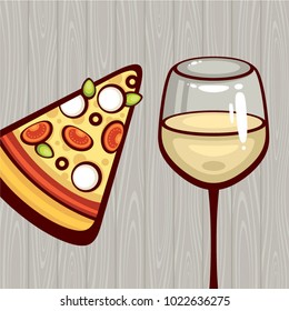 Italian traditional food vector illustration. Slice of pizza with glass of white wine. Menu design. Pizza margarita with tomatoes and mozzarella.