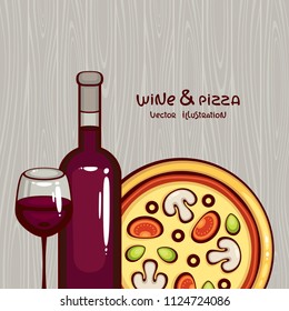 Italian traditional food vector illustration. Mushrooms pizza with wine bottle and glass of red wine. Menu design. 