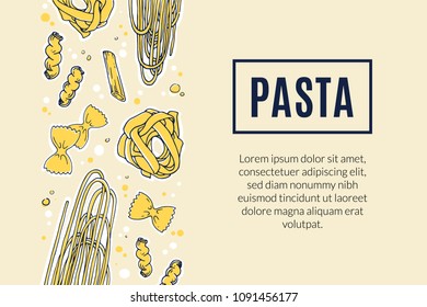 Italian Traditional Pasta Banner Design. Hand Drawn Retro Illustration Of Yellow Spagetti On Beige Background. Doodle Icon Set For Mediterranean Cafes, Pizzerias And Restaurants. Advertising Template