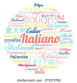 Italian  translated into world's languages, word cloud made in vector.