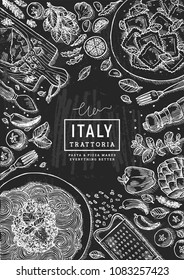 Italian trattoria top view illustration. Spagetti and ravioli table background. Engraved style illustration. Hero image. Vector illustration