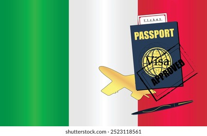 Italian Travel Documentation Concept with blue Passport and Italy Flag. Approved Stamp. Airplane and Travel Tickets. Ideal for Immigration Tourism and Traveling Themes. Vector EPS available