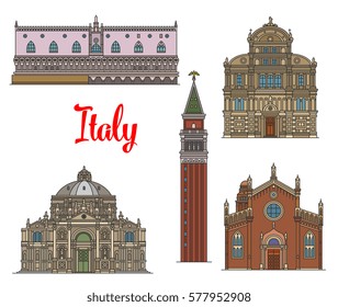 Italian travel landmarks of Venice icon set. Linear gothic Doge Palace, Church of San Zaccaria, Basilica of Saint Mary of Health, Church Madonna dellOrto and bell tower St Mark Campanile