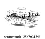  Italian Tuscan landscape with field.  line art hand drawn landscape, vintage cover, wine brand, tourism