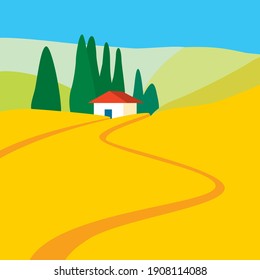 Italian Tuscany vector landscape with yellow field, cypress trees and small white red roof house