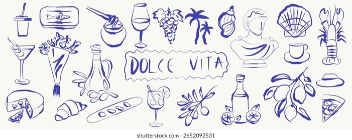 Italian Vacation Set in Trendy Line Art Doodles Sketch Style. Hand Drawn Vacation Element Collection Vector Illustration. Doodle Sketch Coastal Elements Set in Simple Line Art Style. Not AI