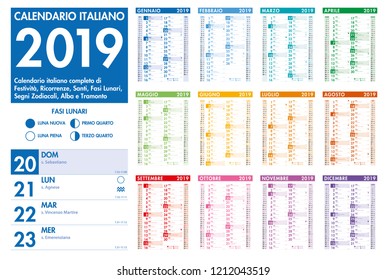 Italian Vector Colorful Monthly Calendar with All Italian Holidays, Saints, Celebrations, Lunar Phases, Previous and Next Mont