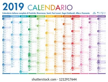 Italian Vector Colorful Monthly Calendar Wall Poster with all Italian Holidays, Saints, Celebrations, Lunar Phases, Previous and Next Mont