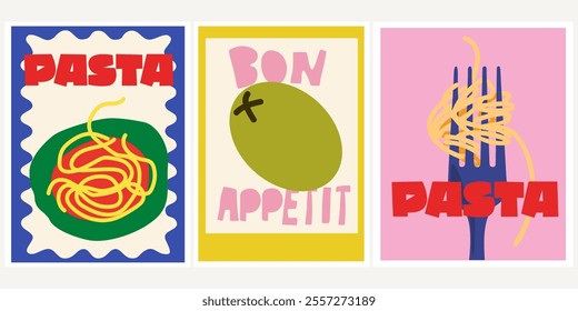 Italian vector dishes. Abstract bright posters in retro cartoon style. Flat banners for wall decor, prints and wallpaper. Vintage home decor posters. Noodle and pizza