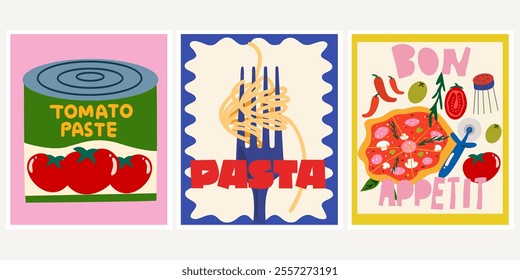 Italian vector dishes. Abstract bright posters in retro cartoon style. Flat banners for wall decor, prints and wallpaper. Vintage home decor posters. Noodle and pizza